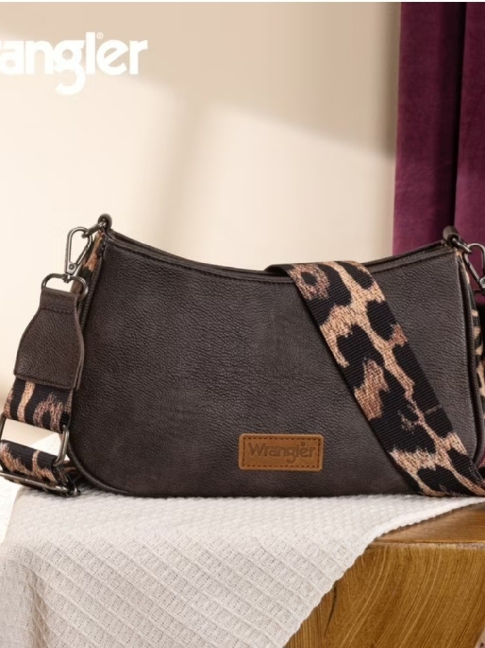 Wrangler Women's Dark Brown Faux Leather Crossbody Bag with Animal Print Strap